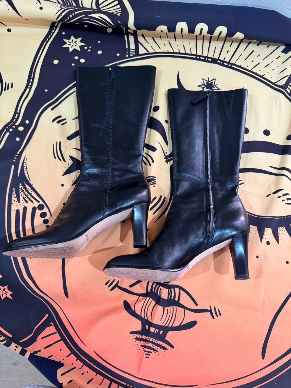 Antonio Melani Italian Leather Black Mid-Calf Block Heel Boots - Women